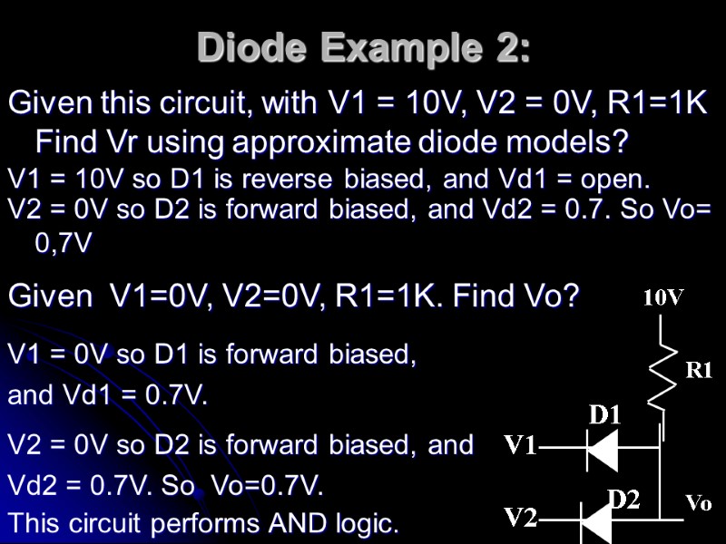 Diode Example 2:  Given this circuit, with V1 = 10V, V2 = 0V,
